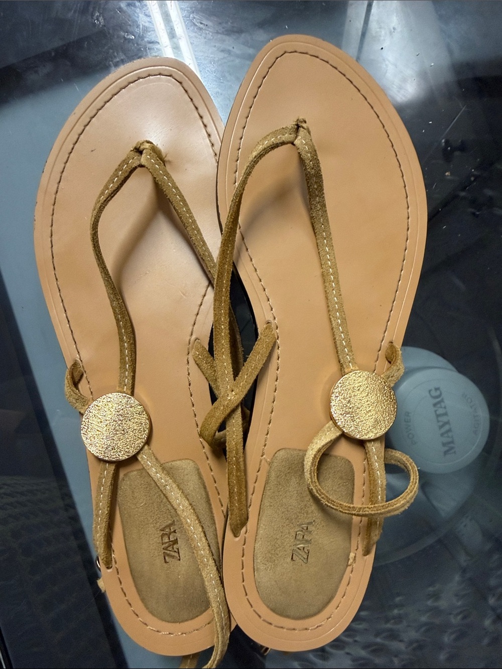 Zara Gold and Tan T-strap Sandals
